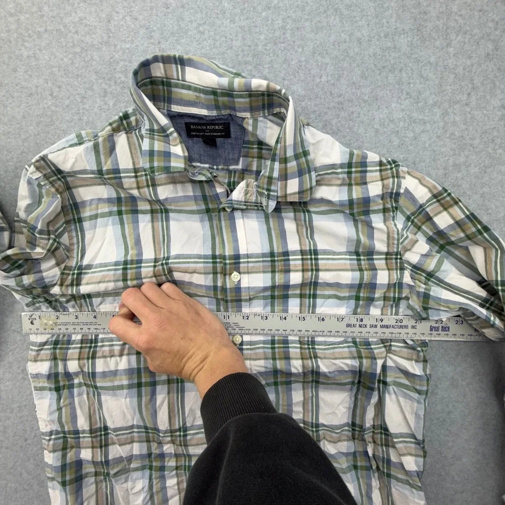 Banana Republic Mens Large Plaid Button Down Shirt Soft Wash Standard Fit Green‎